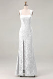 Dusty Sage Square Neck Floral Jacquard Bridesmaid Dress with Bow