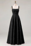 Pink Floral Jacquard A Line Square Neck Long Bridesmaid Dress