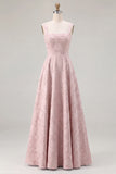 Pink Floral Jacquard A Line Square Neck Long Bridesmaid Dress
