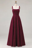 Pink Floral Jacquard A Line Square Neck Long Bridesmaid Dress
