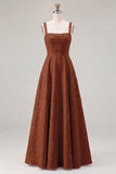 Pink Floral Jacquard A Line Square Neck Long Bridesmaid Dress