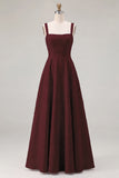 Pink Floral Jacquard A Line Square Neck Long Bridesmaid Dress