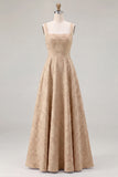 Pink Floral Jacquard A Line Square Neck Long Bridesmaid Dress