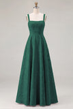Pink Floral Jacquard A Line Square Neck Long Bridesmaid Dress