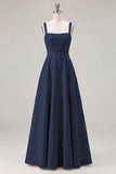 Pink Floral Jacquard A Line Square Neck Long Bridesmaid Dress