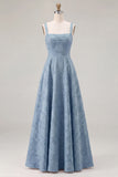 Pink Floral Jacquard A Line Square Neck Long Bridesmaid Dress