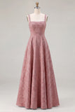Pink Floral Jacquard A Line Square Neck Long Bridesmaid Dress