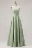 Pink Floral Jacquard A Line Square Neck Long Bridesmaid Dress