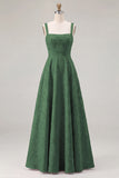 Pink Floral Jacquard A Line Square Neck Long Bridesmaid Dress