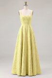 Pink Floral Jacquard A Line Square Neck Long Bridesmaid Dress