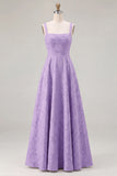 Pink Floral Jacquard A Line Square Neck Long Bridesmaid Dress