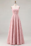 Pink Floral Jacquard A Line Square Neck Long Bridesmaid Dress