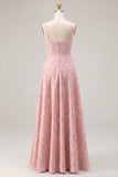 Pink Floral Jacquard A Line Square Neck Long Bridesmaid Dress