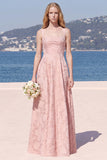 Pink Floral Jacquard A Line Square Neck Long Bridesmaid Dress
