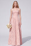 Pink Floral Jacquard A Line Square Neck Long Bridesmaid Dress