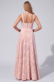 Pink Floral Jacquard A Line Square Neck Long Bridesmaid Dress