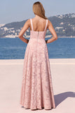 Pink Floral Jacquard A Line Square Neck Long Bridesmaid Dress