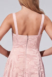 Pink Floral Jacquard A Line Square Neck Long Bridesmaid Dress