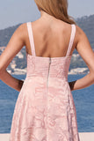 Pink Floral Jacquard A Line Square Neck Long Bridesmaid Dress