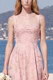 Pink Floral Jacquard A Line Square Neck Long Bridesmaid Dress