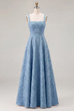 Pink Floral Jacquard A Line Square Neck Long Bridesmaid Dress