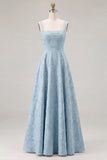 Pink Floral Jacquard A Line Square Neck Long Bridesmaid Dress