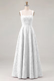 Pink Floral Jacquard A Line Square Neck Long Bridesmaid Dress