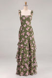 Green Floral Tiered Square Neck Ruffle A Line Bridesmaid Dress