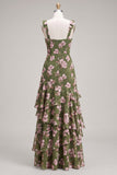 Green Floral Tiered Square Neck Ruffle A Line Bridesmaid Dress