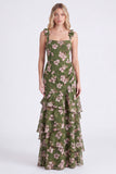 Green Floral Tiered Square Neck Ruffle A Line Bridesmaid Dress