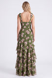 Green Floral Tiered Square Neck Ruffle A Line Bridesmaid Dress