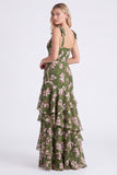Green Floral Tiered Square Neck Ruffle A Line Bridesmaid Dress
