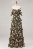 Off the Shoulder Green Floral Tiered A Line Maxi Dress