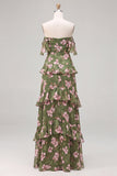 Off the Shoulder Green Floral Tiered A Line Maxi Dress