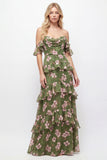 Off the Shoulder Green Floral Tiered A Line Maxi Dress