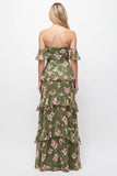 Off the Shoulder Green Floral Tiered A Line Maxi Dress