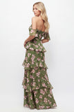 Off the Shoulder Green Floral Tiered A Line Maxi Dress