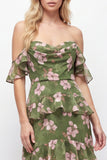 Off the Shoulder Green Floral Tiered A Line Maxi Dress