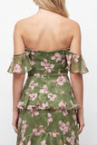 Off the Shoulder Green Floral Tiered A Line Maxi Dress