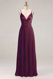 Sage A Line Pleated Spaghetti Straps Long Bridesmaid Dress
