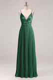 Sage A Line Pleated Spaghetti Straps Long Bridesmaid Dress