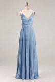 Sage A Line Pleated Spaghetti Straps Long Bridesmaid Dress
