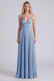 Sage A Line Pleated Spaghetti Straps Long Bridesmaid Dress