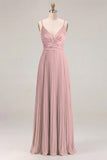 Sage A Line Pleated Spaghetti Straps Long Bridesmaid Dress