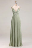 Sage A Line Pleated Spaghetti Straps Long Bridesmaid Dress