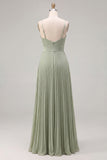 Sage A Line Pleated Spaghetti Straps Long Bridesmaid Dress
