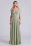 Sage A Line Pleated Spaghetti Straps Long Bridesmaid Dress