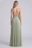 Sage A Line Pleated Spaghetti Straps Long Bridesmaid Dress