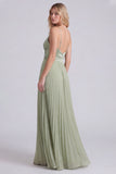 Sage A Line Pleated Spaghetti Straps Long Bridesmaid Dress