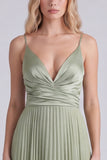 Sage A Line Pleated Spaghetti Straps Long Bridesmaid Dress